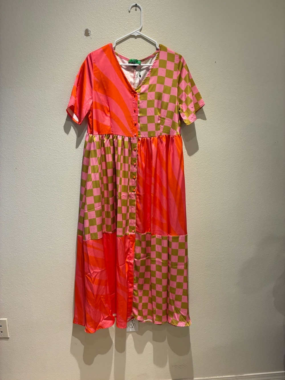 Emy Ave Wild Child Dress - Pink & Orange Satin Multi-Print - Sz S/M Hippie Boho - Picture 2 of 5